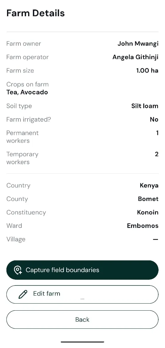 sproot Farm Details screen showing farm owner John Mwangi, farm operator Angela Githinji, farm size 1.00 ha, crops Tea and Avocado, plus soil and worker information