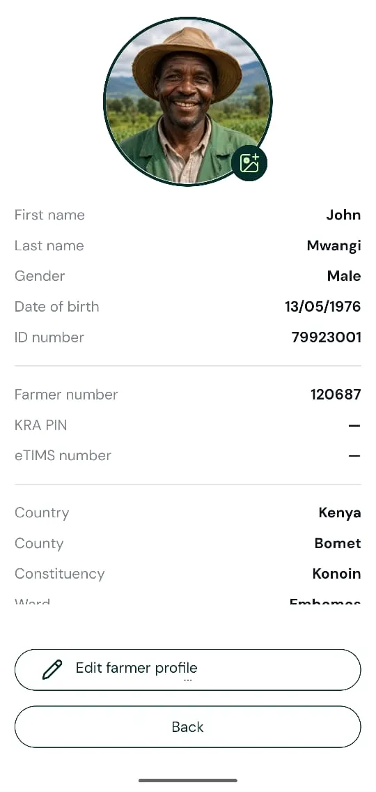 sproot mobile farmer profile for John Mwangi, first name, last name, gender, date of birth, ID and farmer numbers, country and county