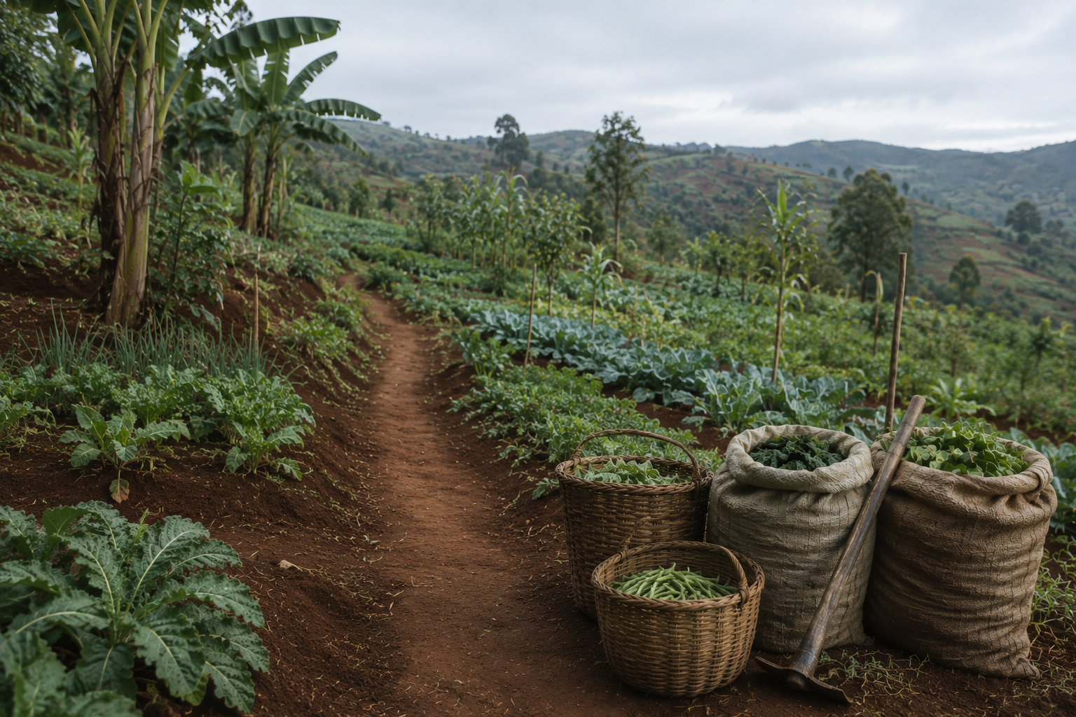 A patchwork of terraced smallholder fields across misty East African hills at dawn