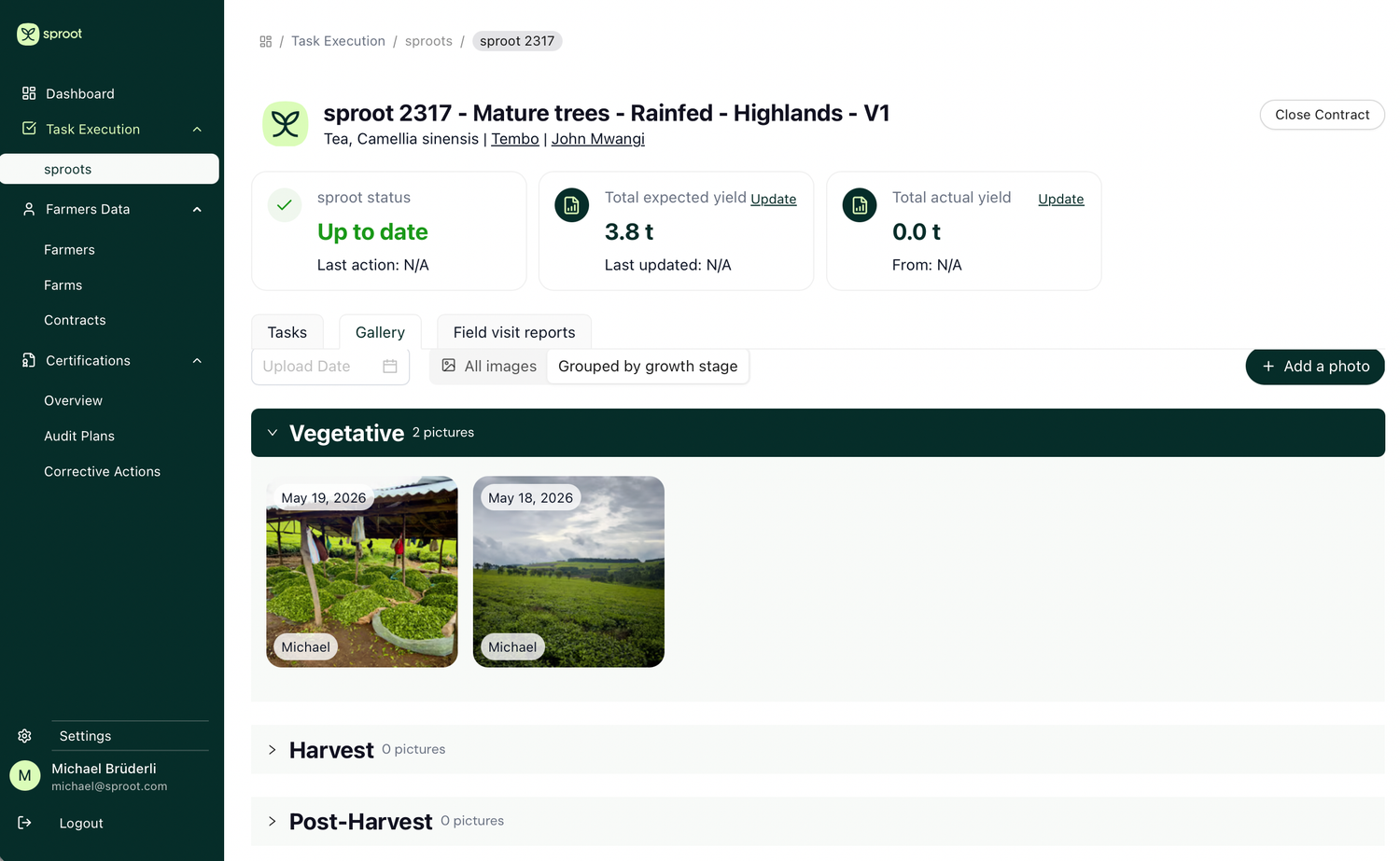 sproot 2317 contract Gallery, Vegetative stage with photos sent by the farmer through WhatsApp on May 18 and May 19 2026