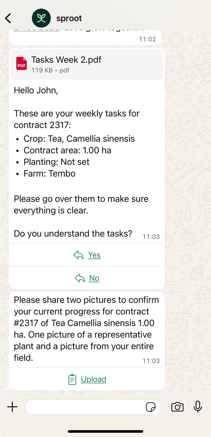WhatsApp chat with sproot, Tasks Week 2.pdf attachment with weekly tasks for contract 2317 (crop, area, planting, farm), Yes / No reply buttons, and a follow-up asking for two pictures with an Upload button