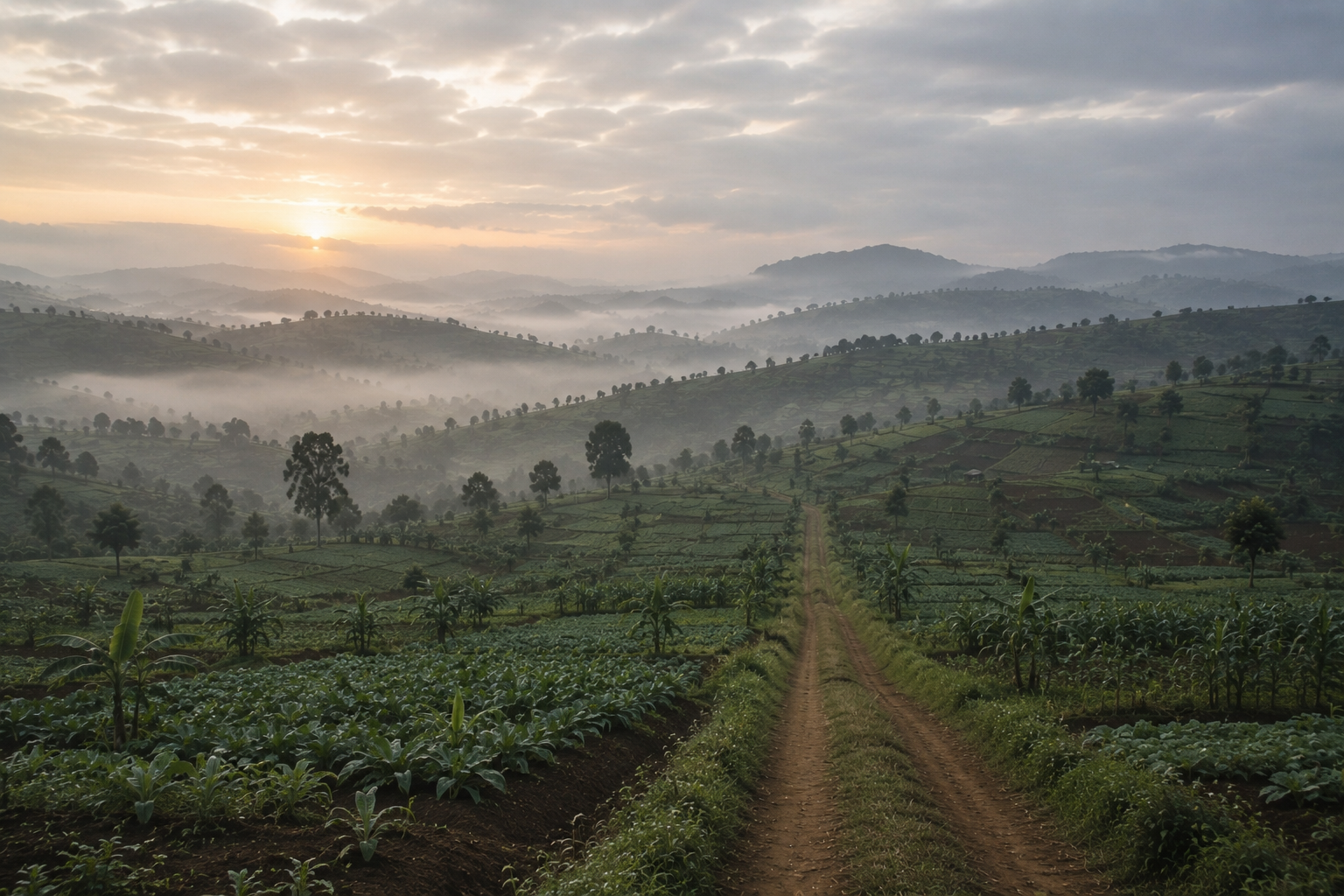 Smallholder fields at first light, a dirt track leading in toward the sunrise over misty hills
