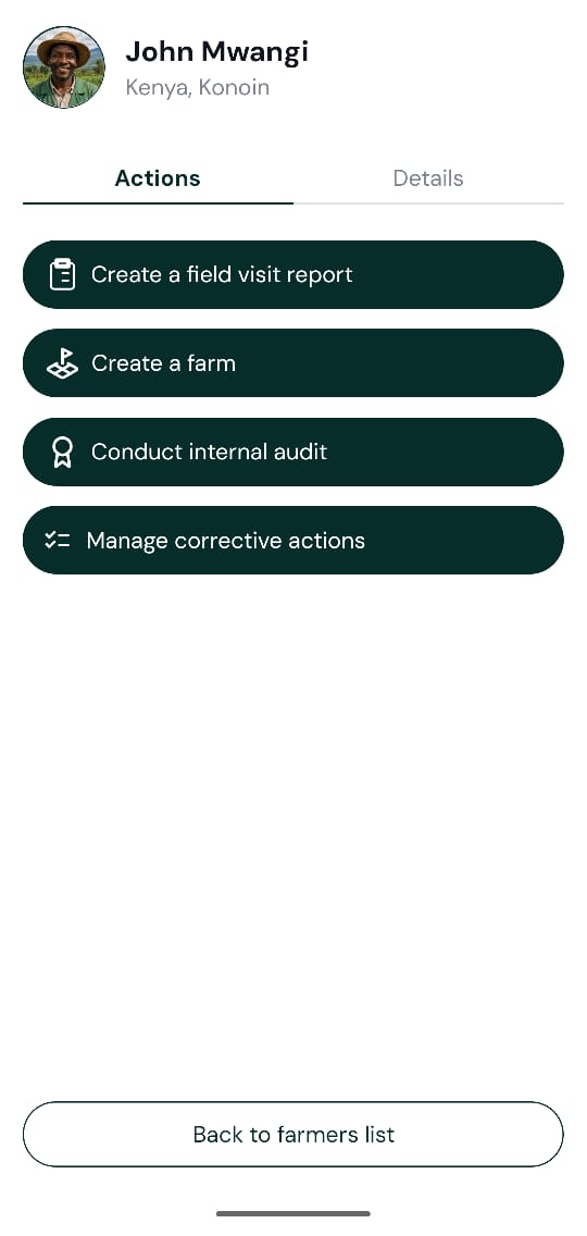 sproot mobile John Mwangi profile (Kenya, Konoin) with Actions tab, Create a field visit report, Create a farm, Conduct internal audit, Manage corrective actions