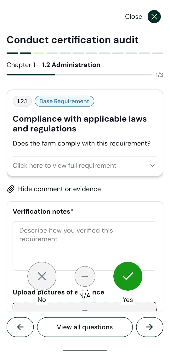 sproot mobile Conduct certification audit, Chapter 1 1.2 Administration, 1.2.1 Base Requirement Compliance with applicable laws and regulations with No / N/A / Yes answer buttons