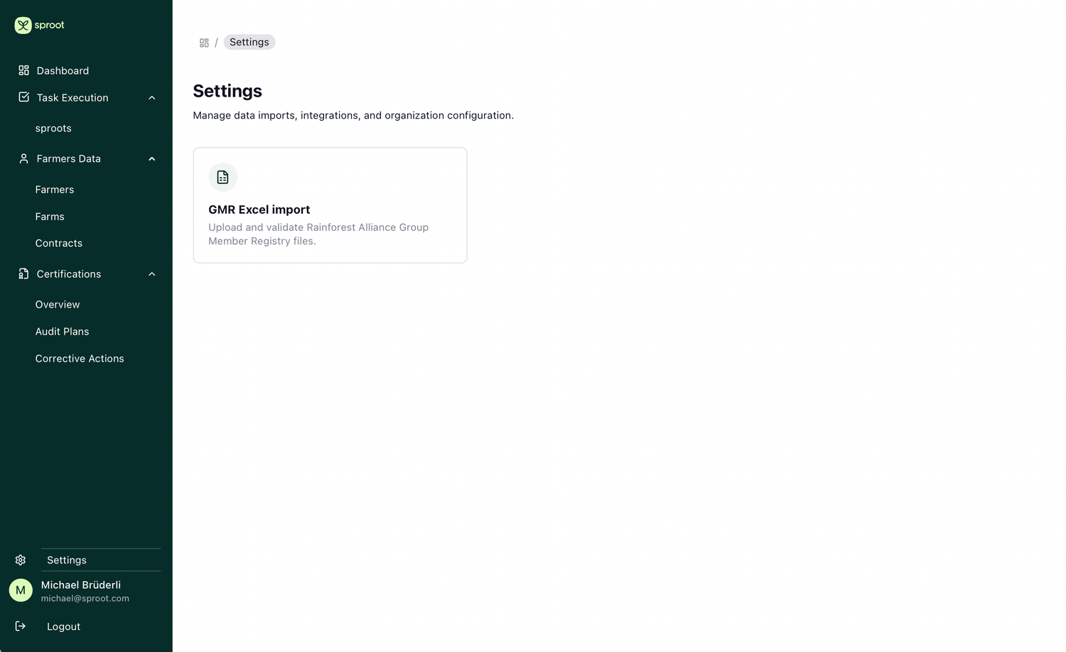 sproot Settings, GMR Excel import card to upload and validate Rainforest Alliance Group Member Registry files