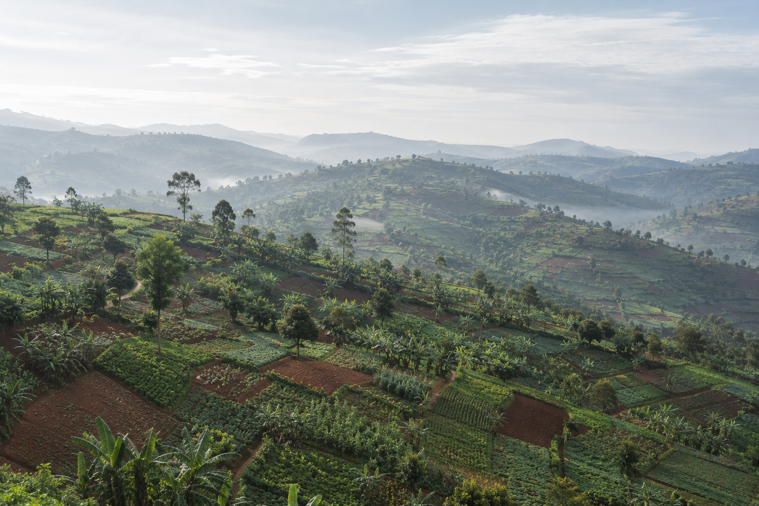 A path through a hillside outgrower scheme, banana trees, terraced crops, harvest baskets at the field edge