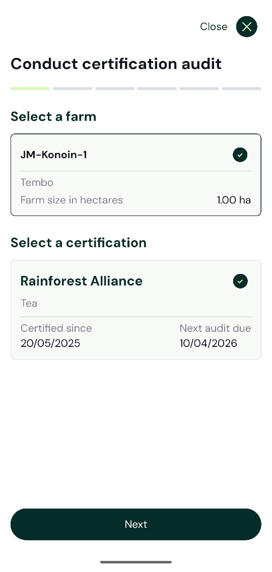 sproot mobile Conduct certification audit, farm JM-Konoin-1 at Tembo (1.00 ha) and Rainforest Alliance Tea certification (certified since 20/05/2025, next audit due 10/04/2026) selected, with a Next button