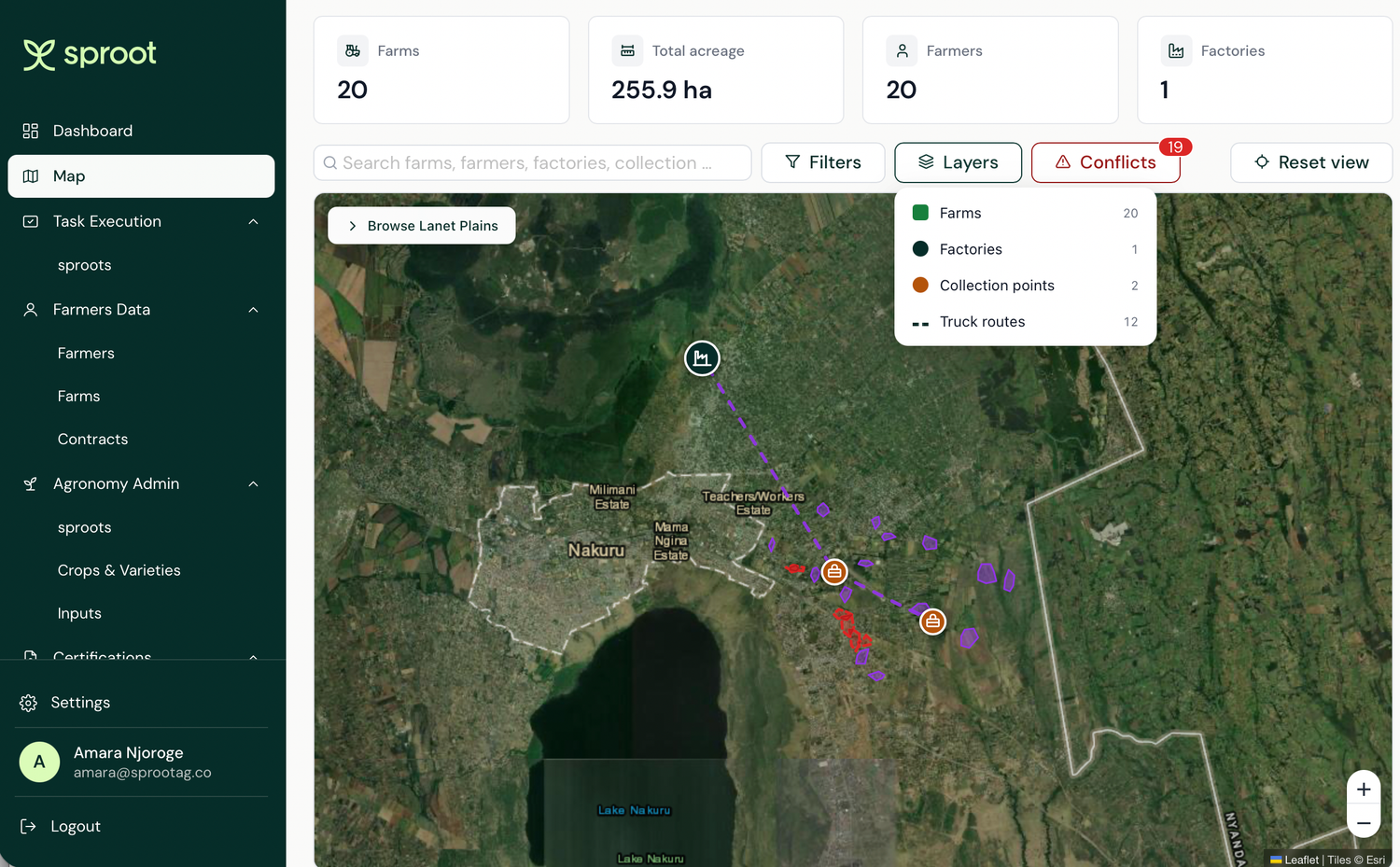 sproot Map view of Subukia Lowland, 18 farms across 171.4 ha with farm boundaries, collection points and a factory connected by dashed routes; Subukia Centre CP details panel shown, dropping to Subukia Coffee Mill